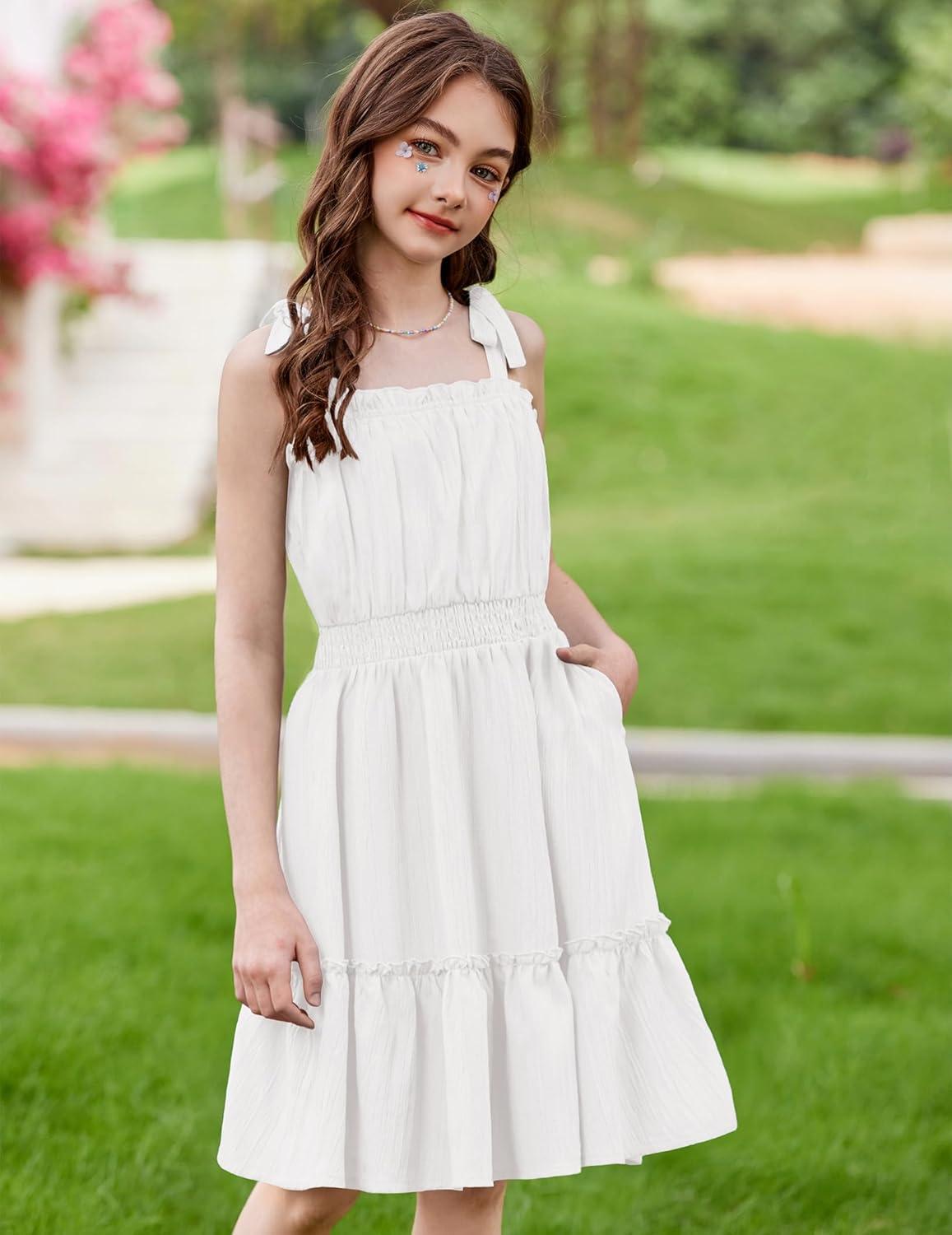 image:imageArshiner Girls Summer Dress BowTie Straps Sleeveless Flowy Ruffle Trim Boho Beach Casual SundressWhite