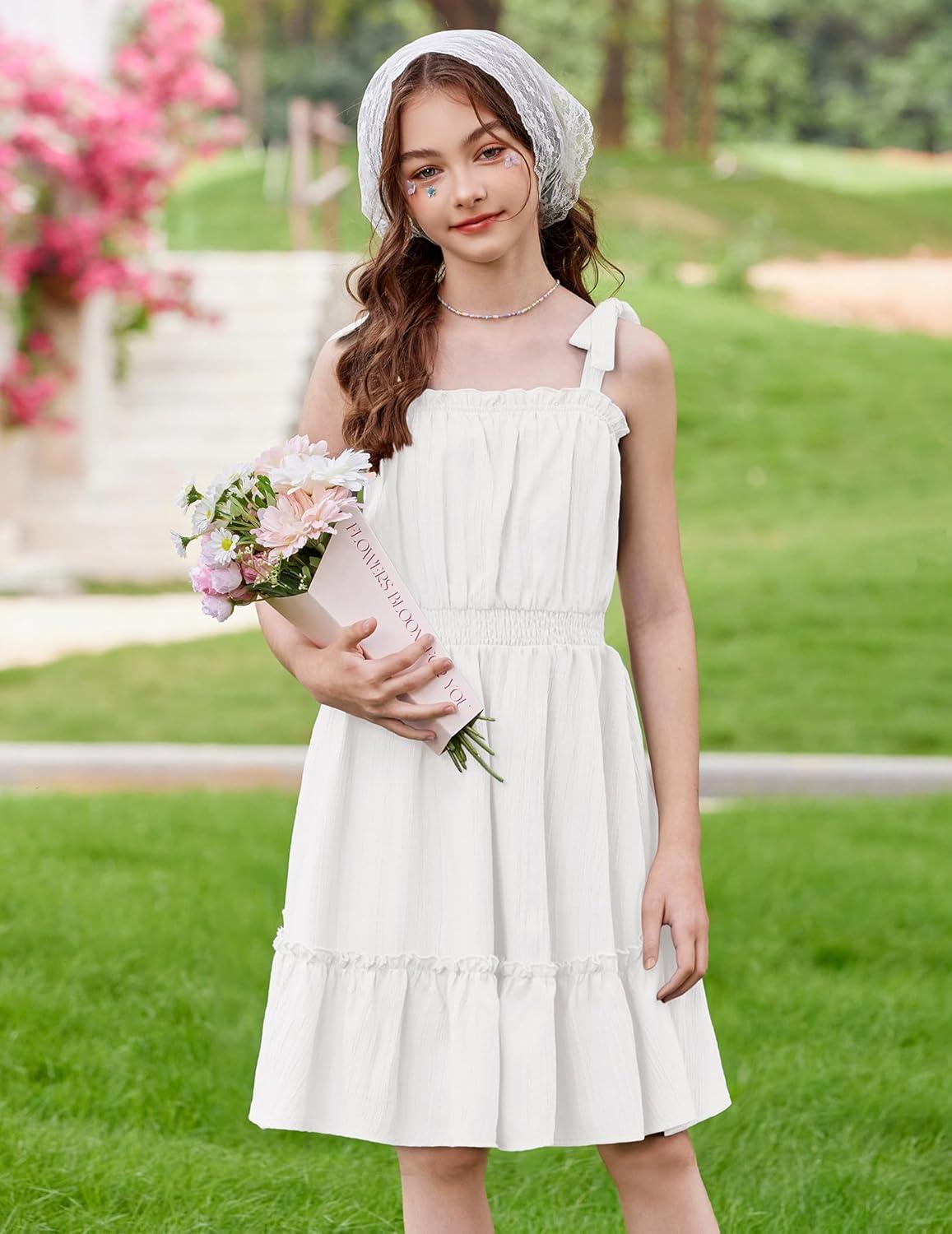 image:imageArshiner Girls Summer Dress BowTie Straps Sleeveless Flowy Ruffle Trim Boho Beach Casual SundressWhite