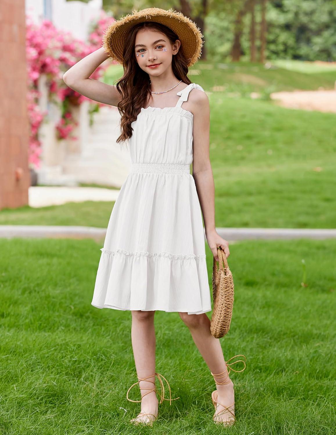image:imageArshiner Girls Summer Dress BowTie Straps Sleeveless Flowy Ruffle Trim Boho Beach Casual SundressWhite