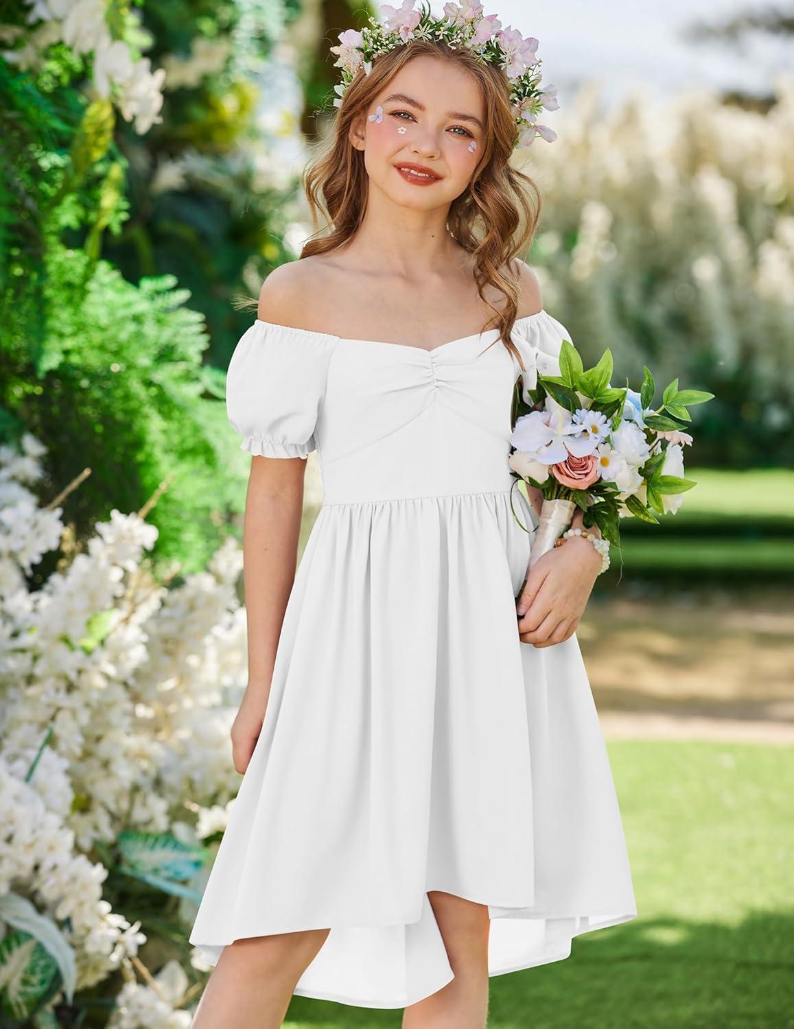 image:imageArshiner Girls Summer Dress Puff Sleeve High Low Swing Off Shoulder Formal Dresses with PocketWhite