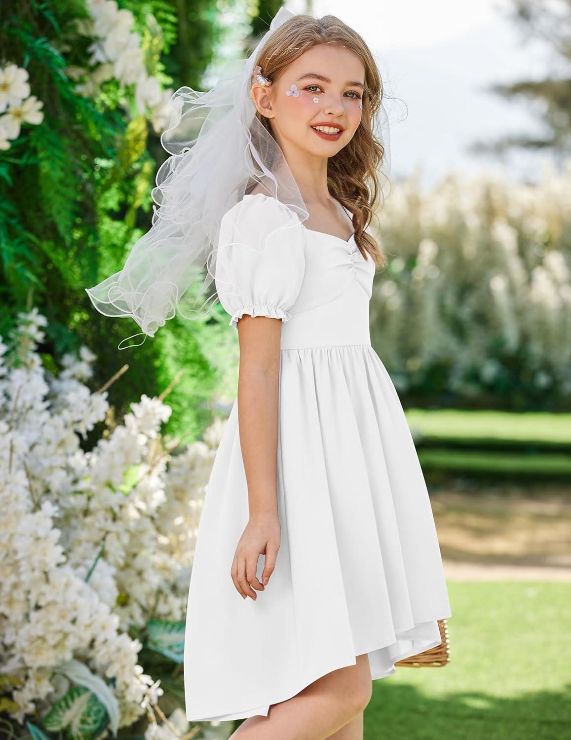 image:imageArshiner Girls Summer Dress Puff Sleeve High Low Swing Off Shoulder Formal Dresses with PocketWhite