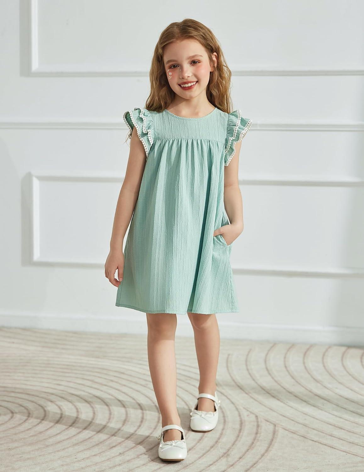 image:imageArshiner Girls Summer Dress Toddler Ruffle Sleeve Dresses Kids Swing Casual Beach Boho Sundress with Pockets for 17tGreen