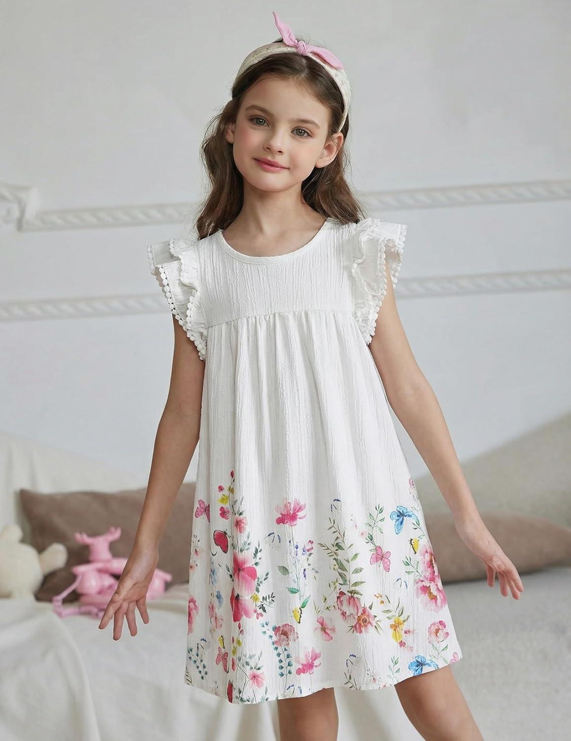 image:imageArshiner Girls Summer Dress Toddler Ruffle Sleeve Dresses Kids Swing Casual Beach Boho Sundress with Pockets for 17tWhite Floral