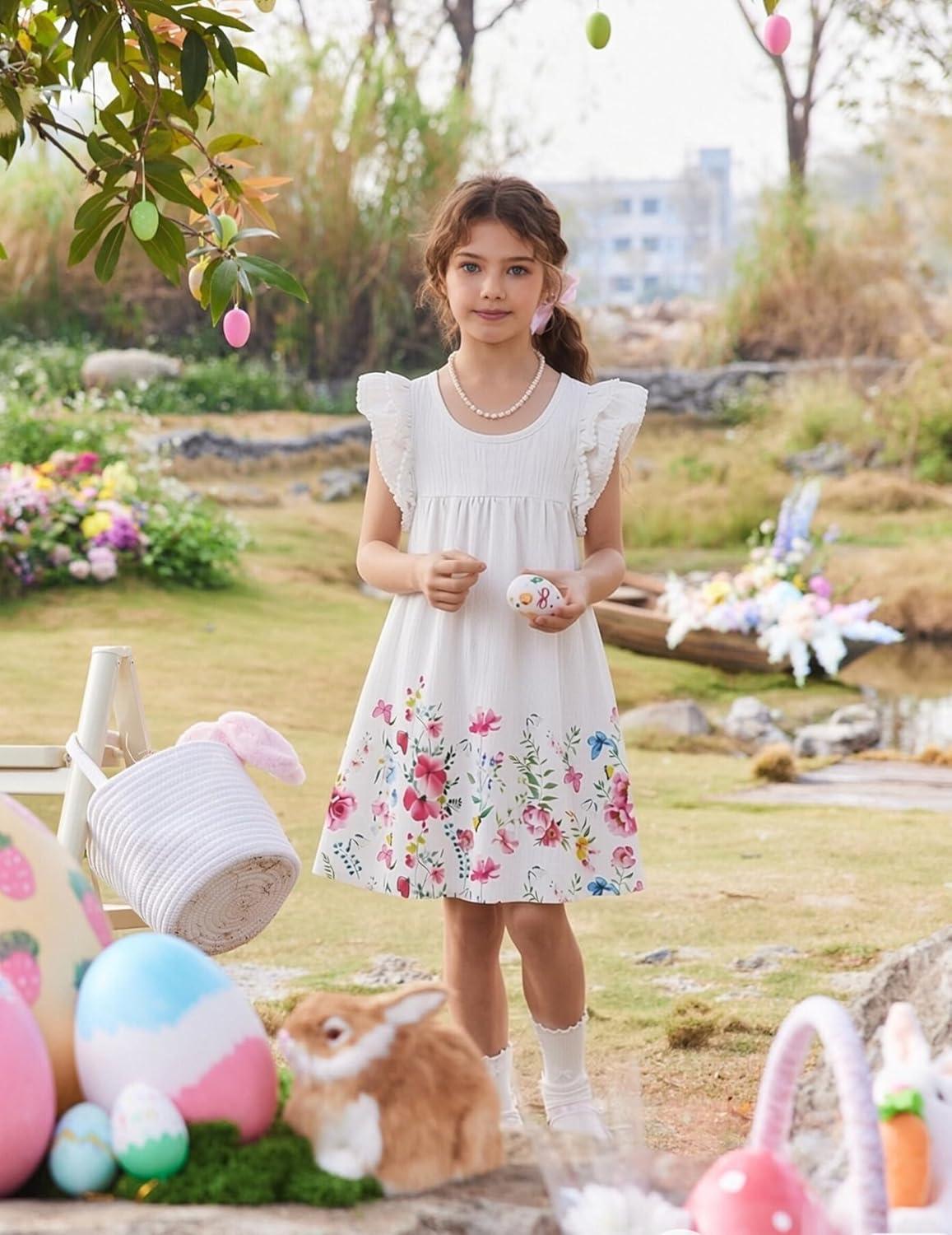 image:imageArshiner Girls Summer Dress Toddler Ruffle Sleeve Dresses Kids Swing Casual Beach Boho Sundress with Pockets for 17tWhite Floral