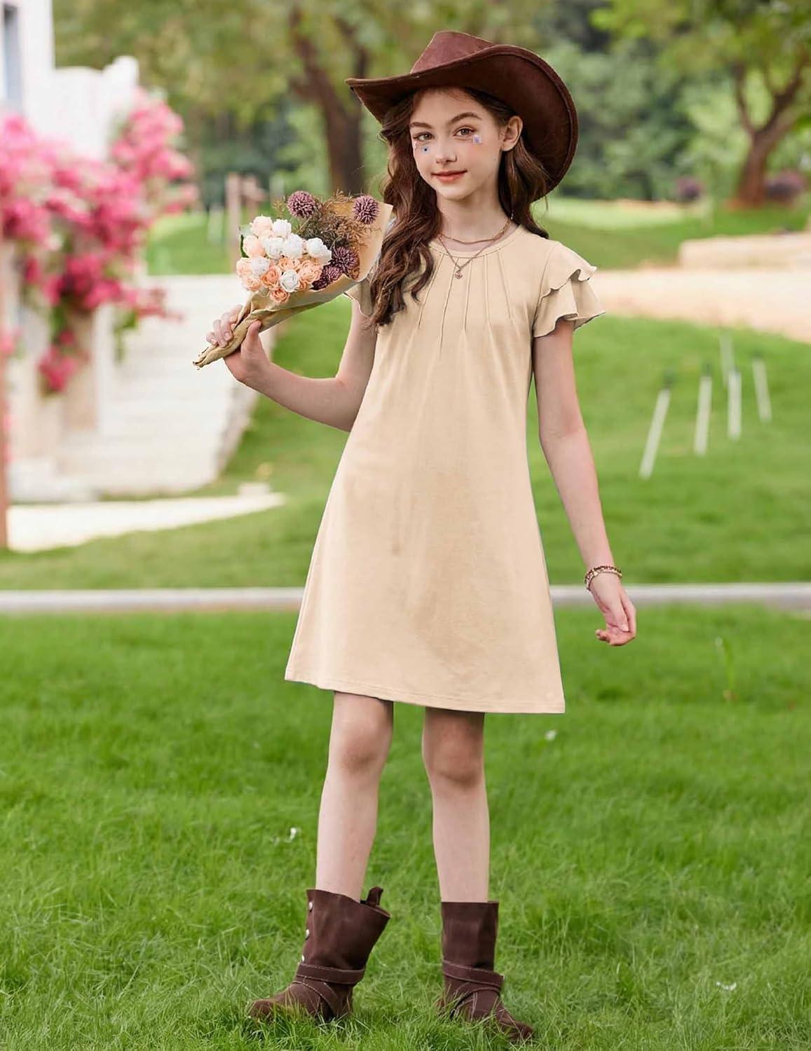 image:imageArshiner Girls Summer Dress Tween Flutter Sleeve Pleated Front A Line Boho Beach Casual DressesBeige