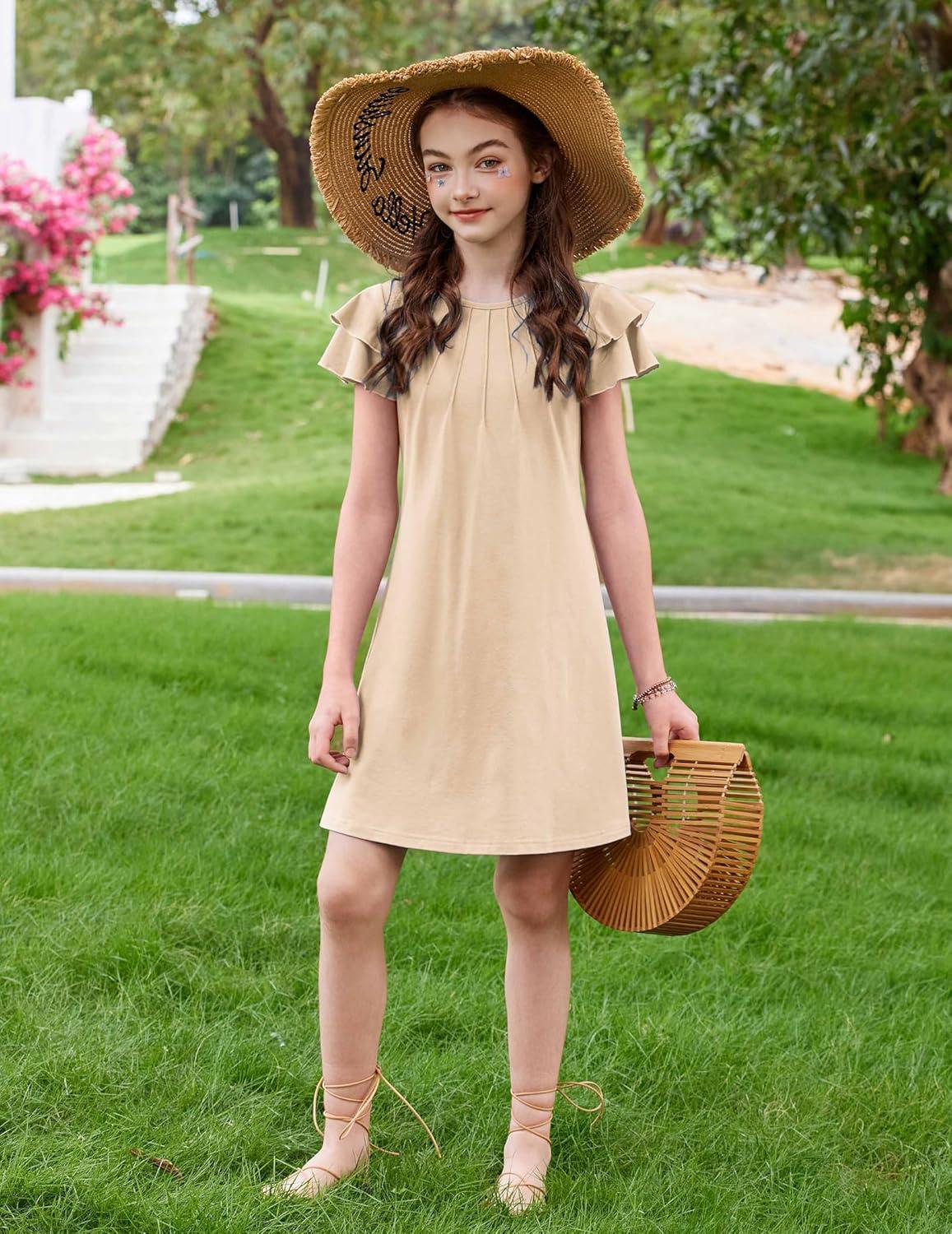 image:imageArshiner Girls Summer Dress Tween Flutter Sleeve Pleated Front A Line Boho Beach Casual DressesBeige