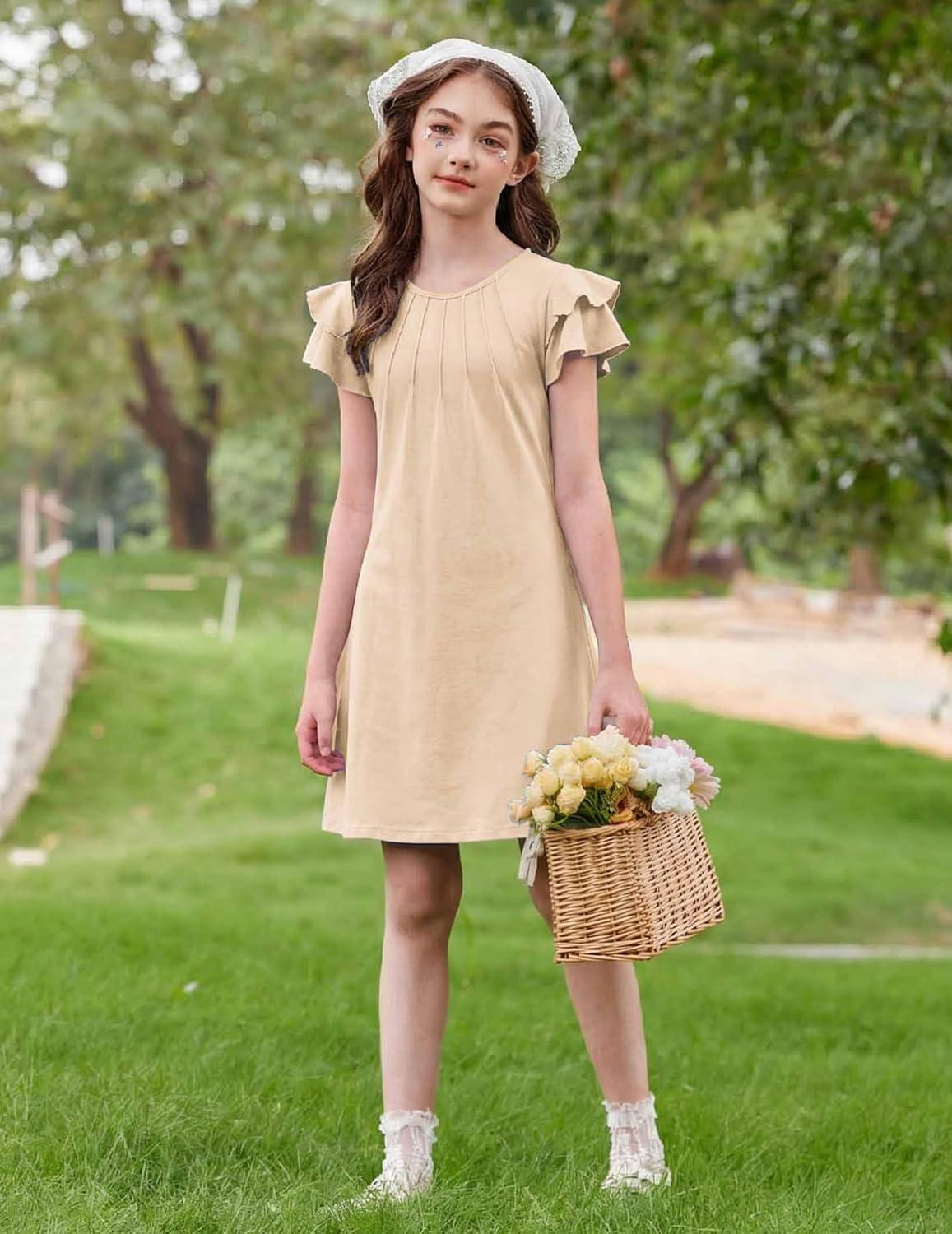 image:imageArshiner Girls Summer Dress Tween Flutter Sleeve Pleated Front A Line Boho Beach Casual DressesBeige