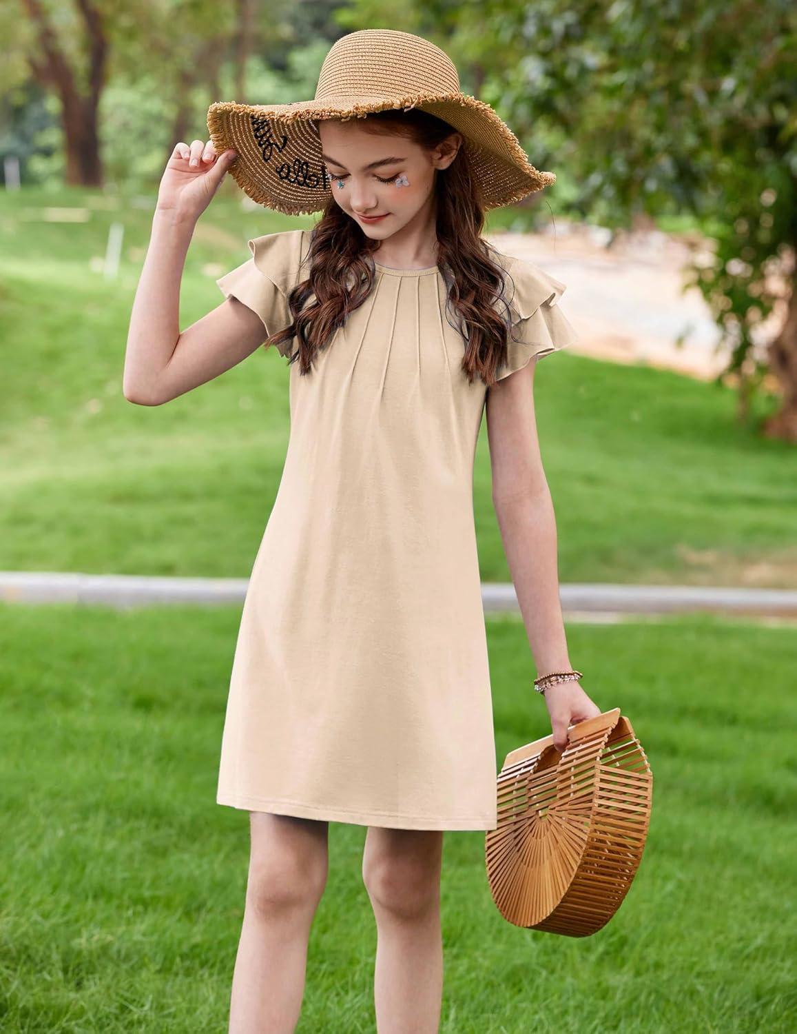 image:imageArshiner Girls Summer Dress Tween Flutter Sleeve Pleated Front A Line Boho Beach Casual DressesBeige