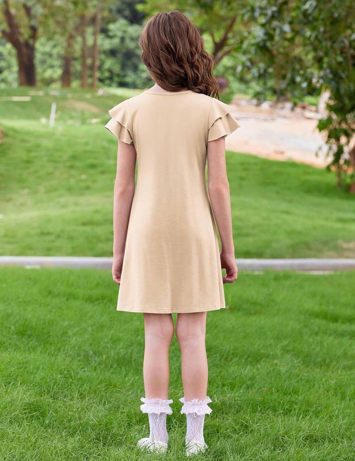 image:imageArshiner Girls Summer Dress Tween Flutter Sleeve Pleated Front A Line Boho Beach Casual DressesBeige