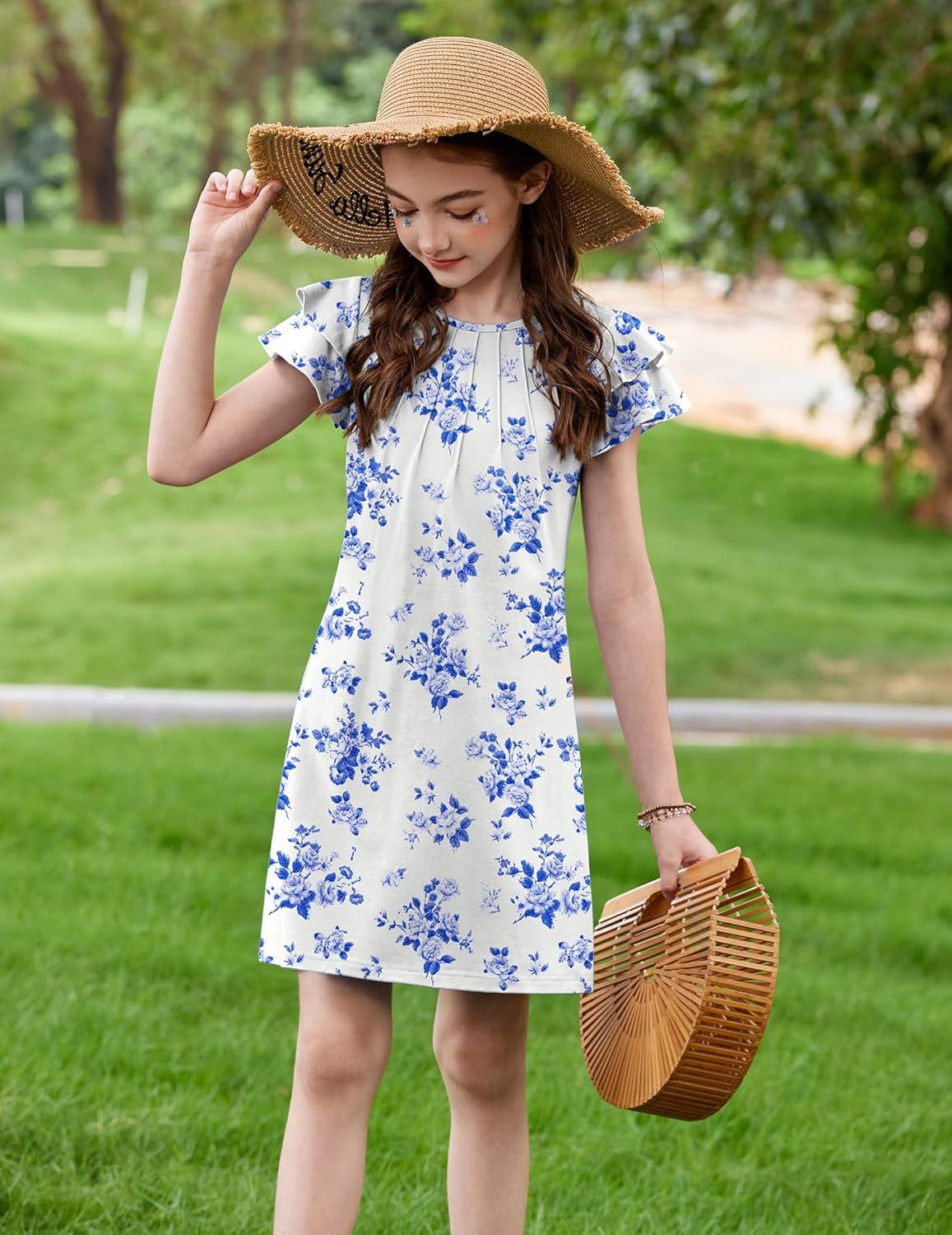 image:imageArshiner Girls Summer Dress Tween Flutter Sleeve Pleated Front A Line Boho Beach Casual DressesBlue Floral
