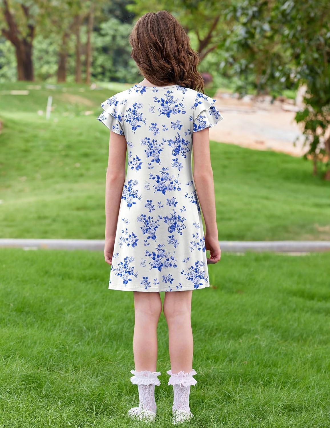 image:imageArshiner Girls Summer Dress Tween Flutter Sleeve Pleated Front A Line Boho Beach Casual DressesBlue Floral