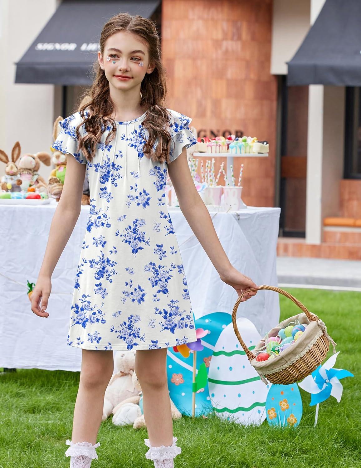 image:imageArshiner Girls Summer Dress Tween Flutter Sleeve Pleated Front A Line Boho Beach Casual DressesBlue Floral