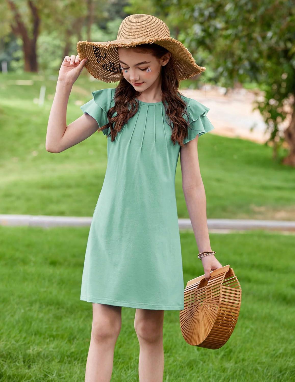 image:imageArshiner Girls Summer Dress Tween Flutter Sleeve Pleated Front A Line Boho Beach Casual DressesGreen