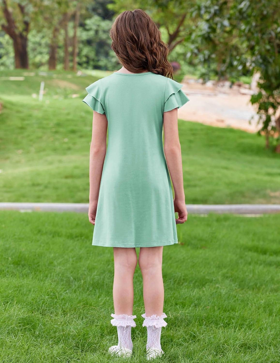 image:imageArshiner Girls Summer Dress Tween Flutter Sleeve Pleated Front A Line Boho Beach Casual DressesGreen
