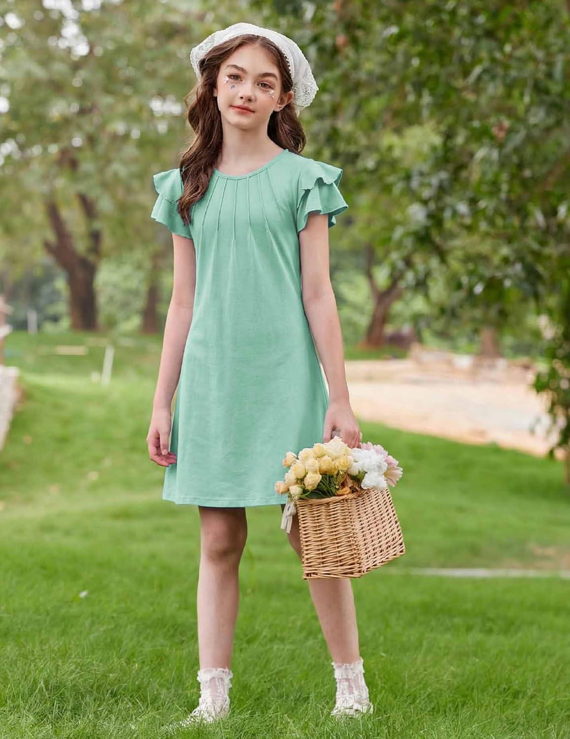 image:imageArshiner Girls Summer Dress Tween Flutter Sleeve Pleated Front A Line Boho Beach Casual DressesGreen
