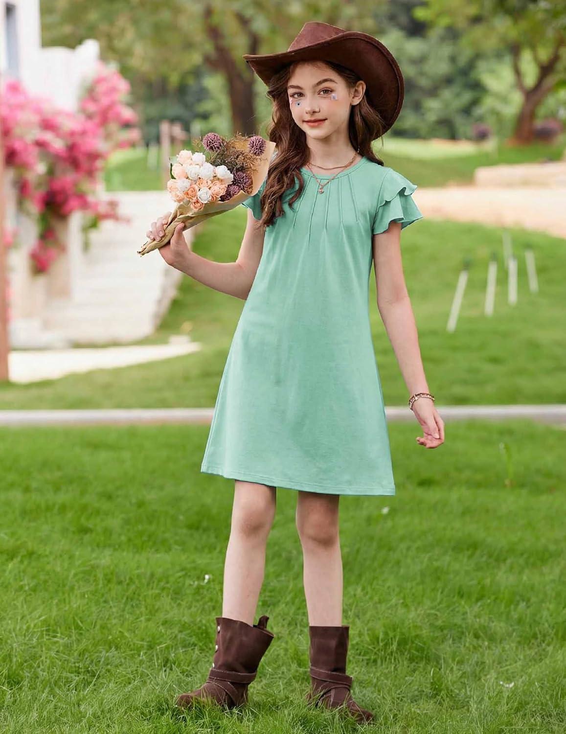 image:imageArshiner Girls Summer Dress Tween Flutter Sleeve Pleated Front A Line Boho Beach Casual DressesGreen