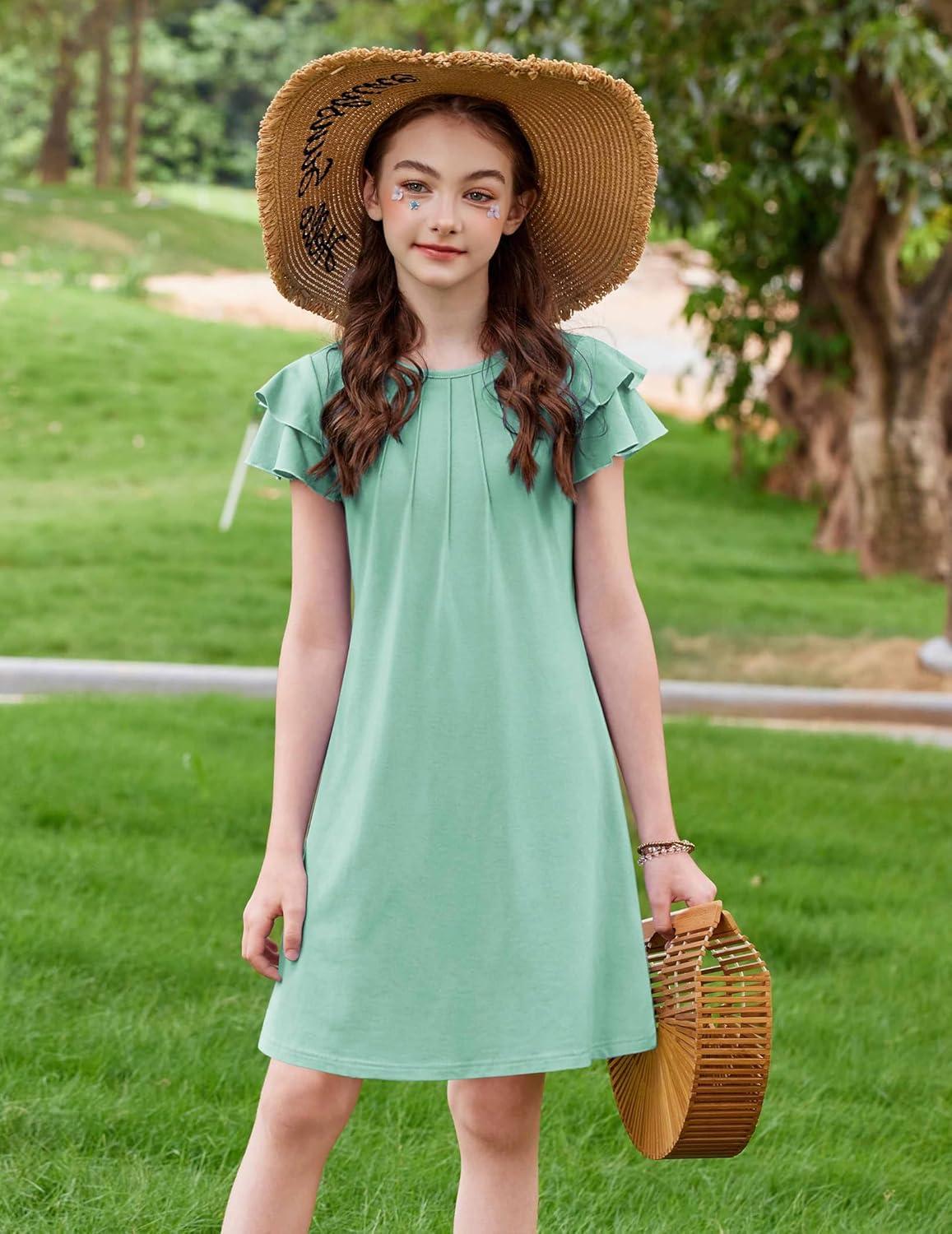image:imageArshiner Girls Summer Dress Tween Flutter Sleeve Pleated Front A Line Boho Beach Casual DressesGreen