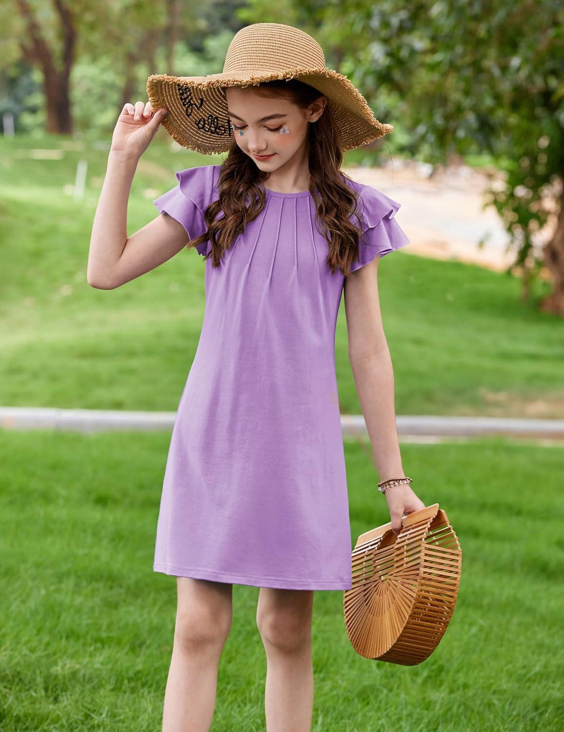 image:imageArshiner Girls Summer Dress Tween Flutter Sleeve Pleated Front A Line Boho Beach Casual DressesPurple