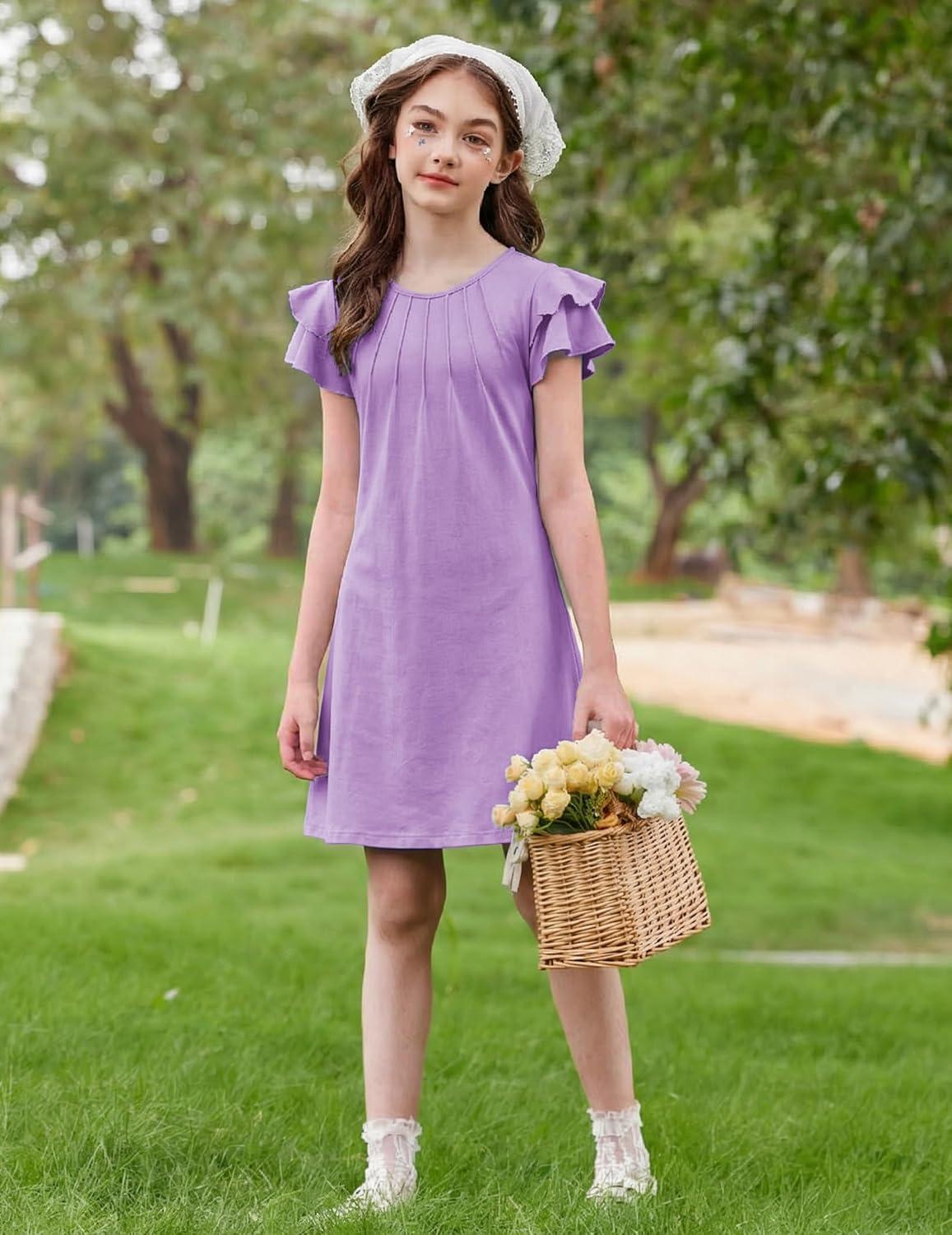 image:imageArshiner Girls Summer Dress Tween Flutter Sleeve Pleated Front A Line Boho Beach Casual DressesPurple