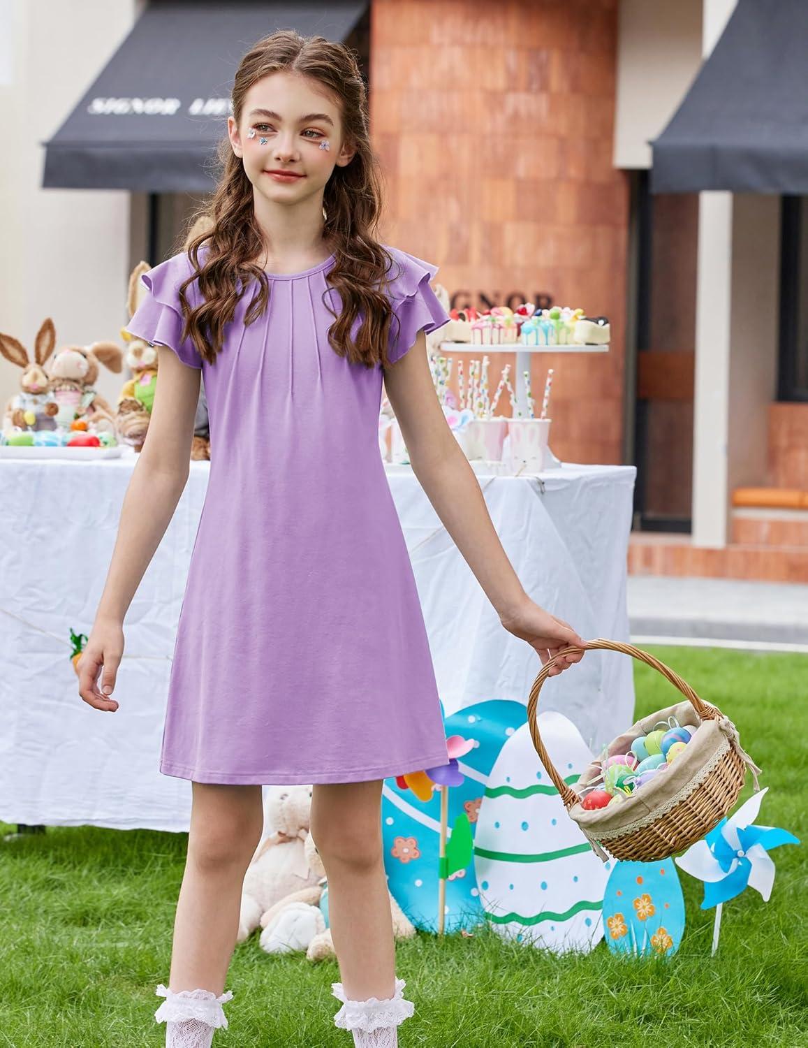 image:imageArshiner Girls Summer Dress Tween Flutter Sleeve Pleated Front A Line Boho Beach Casual DressesPurple