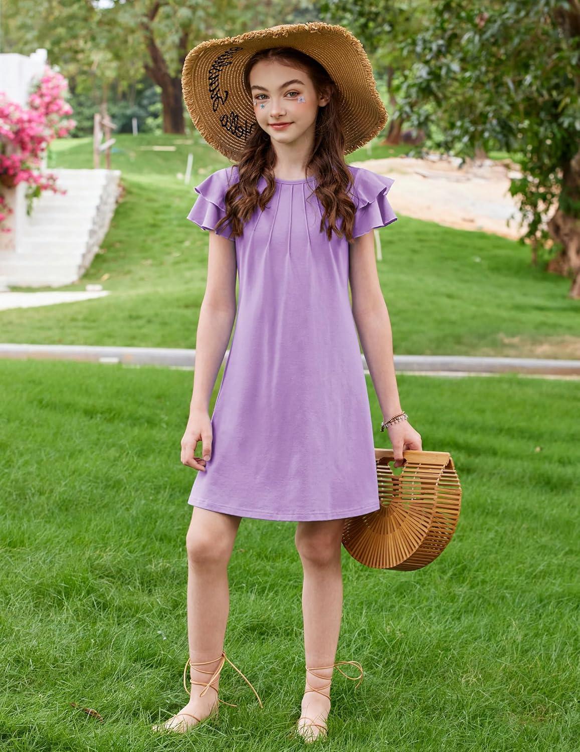 image:imageArshiner Girls Summer Dress Tween Flutter Sleeve Pleated Front A Line Boho Beach Casual DressesPurple