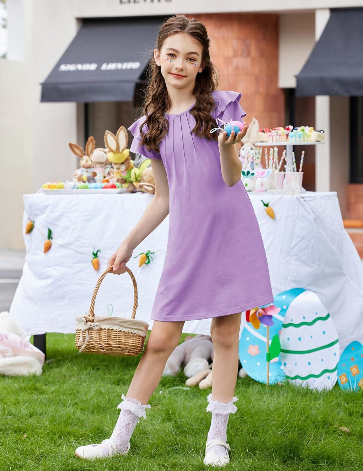 image:imageArshiner Girls Summer Dress Tween Flutter Sleeve Pleated Front A Line Boho Beach Casual DressesPurple