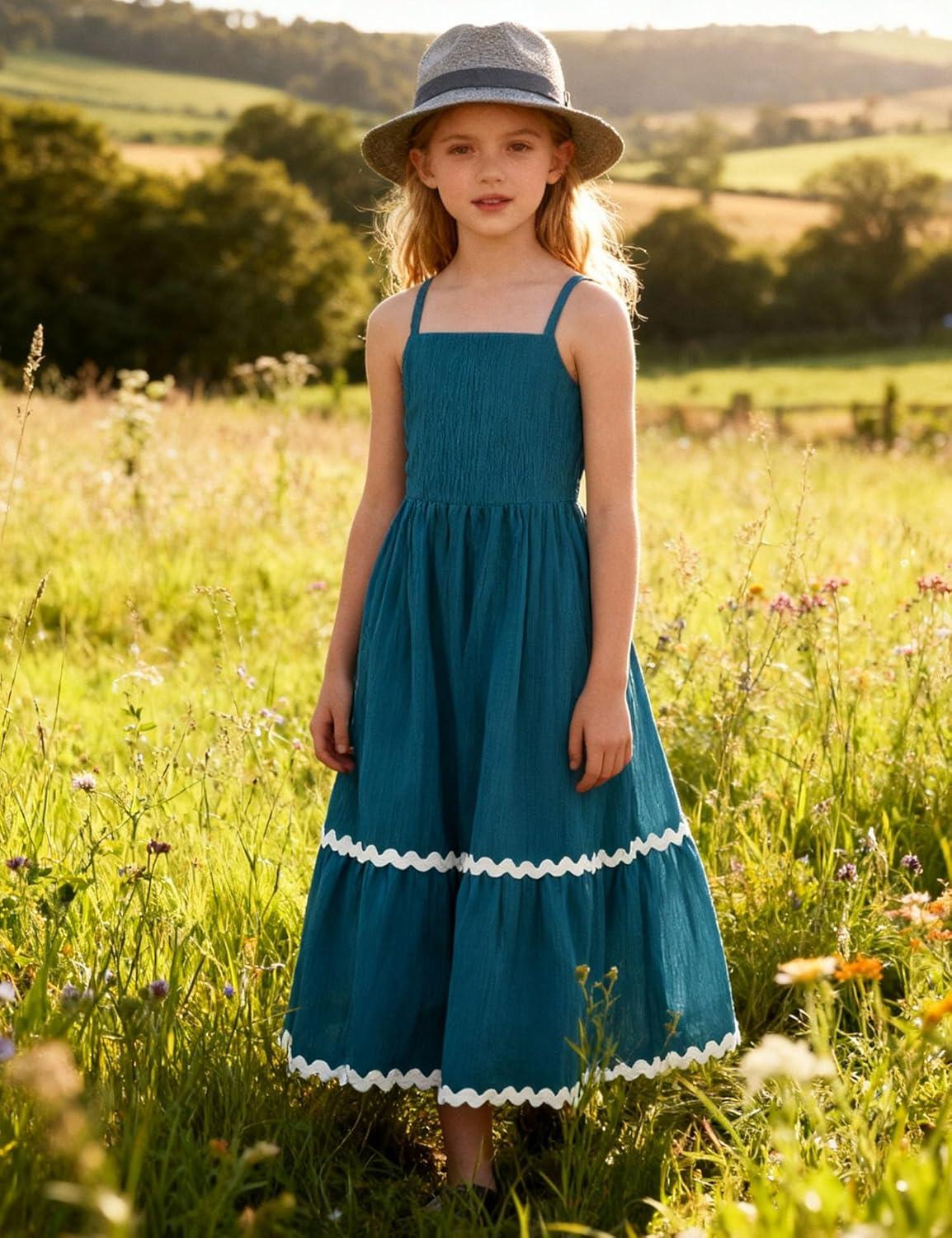 image:imageArshiner Girls Summer Spaghetti Strap Dresses Flowy Tiered Cami Maxi Sundress with PocketsBlue
