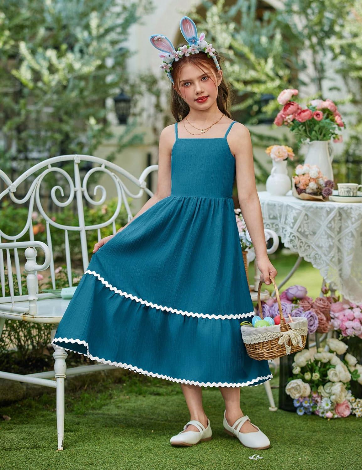 image:imageArshiner Girls Summer Spaghetti Strap Dresses Flowy Tiered Cami Maxi Sundress with PocketsBlue