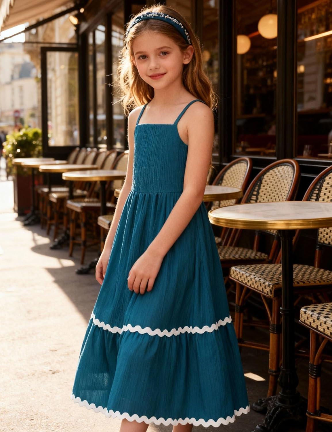 image:imageArshiner Girls Summer Spaghetti Strap Dresses Flowy Tiered Cami Maxi Sundress with PocketsBlue