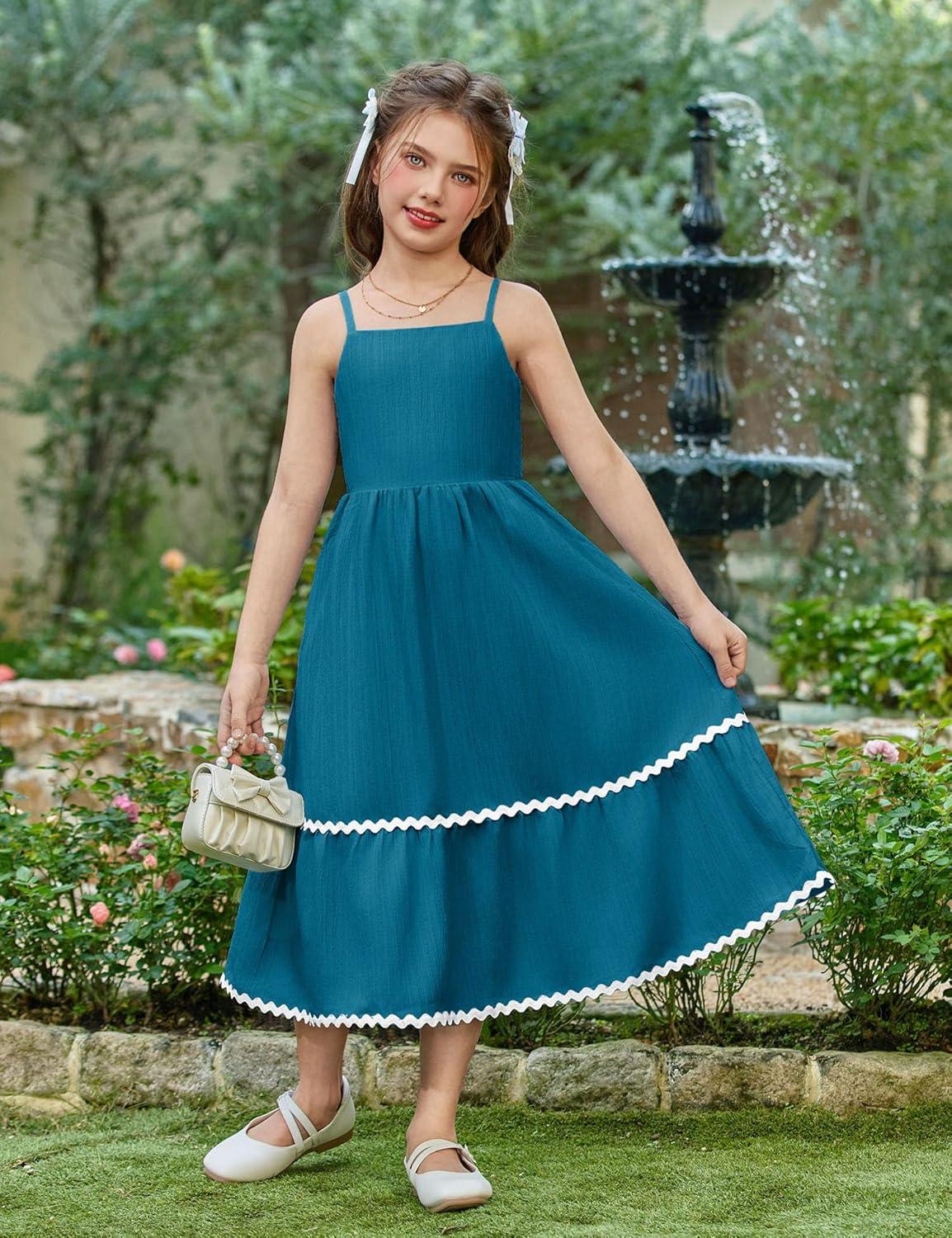 image:imageArshiner Girls Summer Spaghetti Strap Dresses Flowy Tiered Cami Maxi Sundress with PocketsBlue