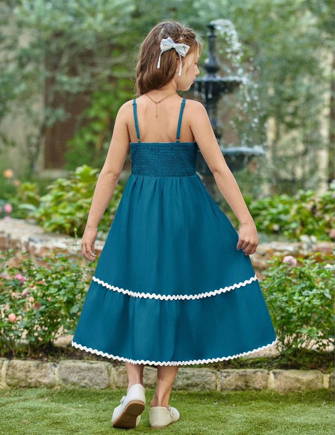 image:imageArshiner Girls Summer Spaghetti Strap Dresses Flowy Tiered Cami Maxi Sundress with PocketsBlue