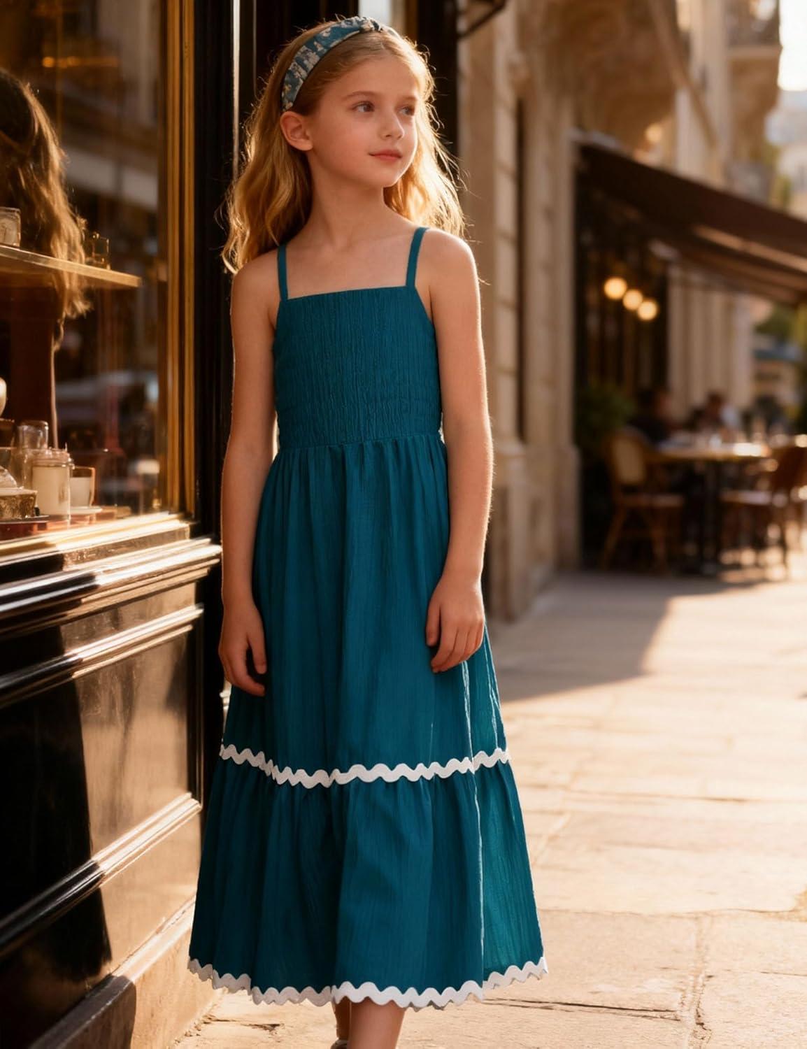 image:imageArshiner Girls Summer Spaghetti Strap Dresses Flowy Tiered Cami Maxi Sundress with PocketsBlue