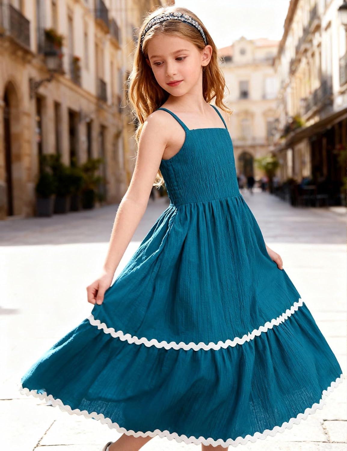 image:imageArshiner Girls Summer Spaghetti Strap Dresses Flowy Tiered Cami Maxi Sundress with PocketsBlue