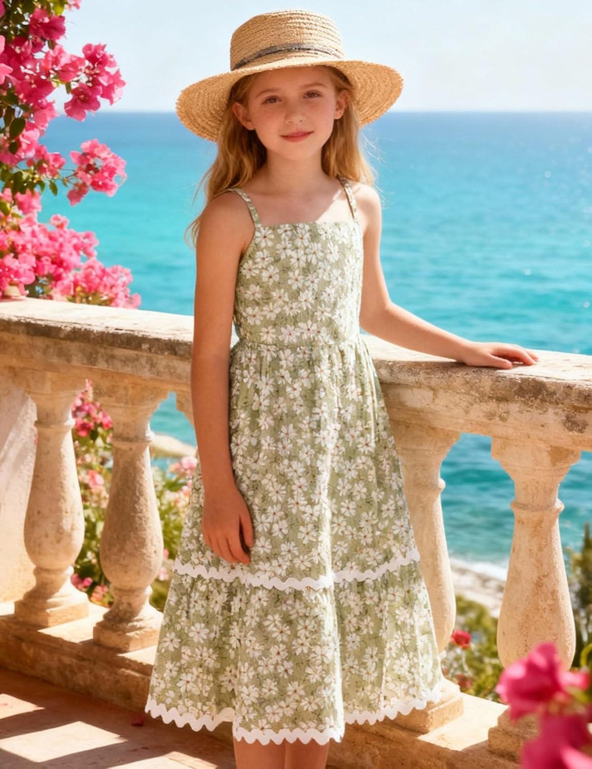 image:imageArshiner Girls Summer Spaghetti Strap Dresses Flowy Tiered Cami Maxi Sundress with PocketsFloral Green