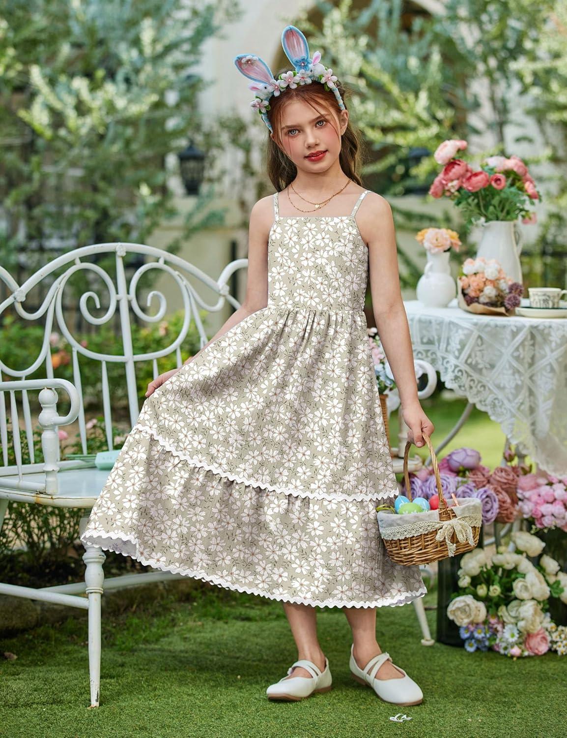 image:imageArshiner Girls Summer Spaghetti Strap Dresses Flowy Tiered Cami Maxi Sundress with PocketsFloral Green