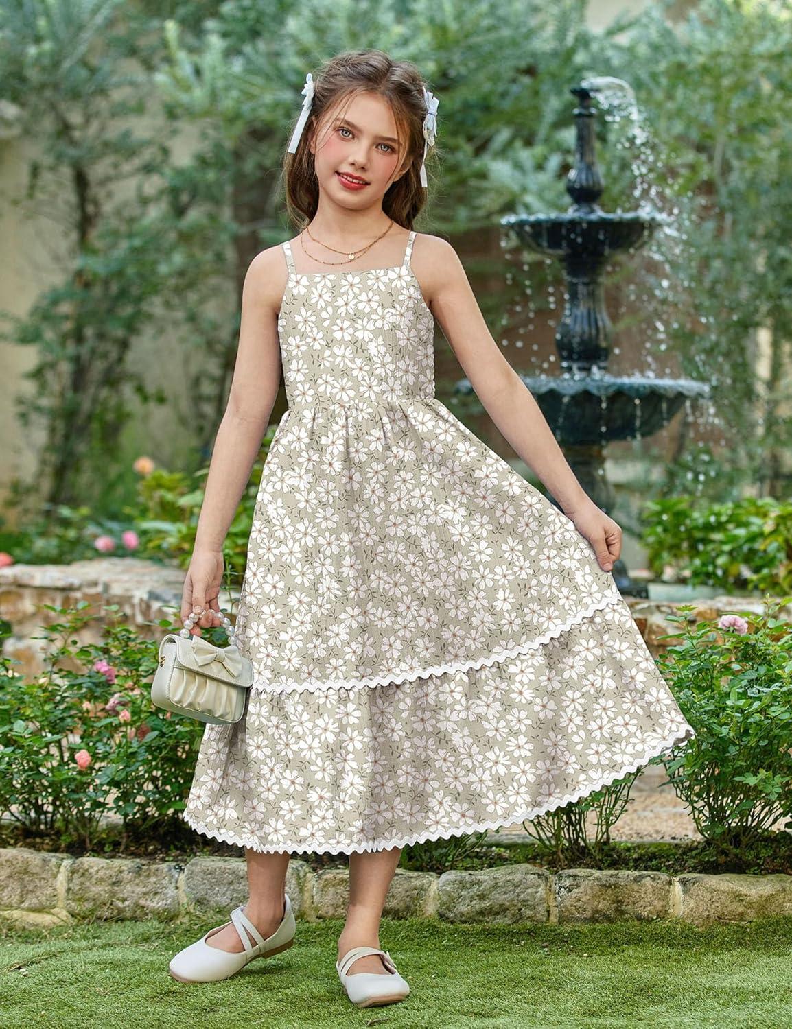 image:imageArshiner Girls Summer Spaghetti Strap Dresses Flowy Tiered Cami Maxi Sundress with PocketsFloral Green