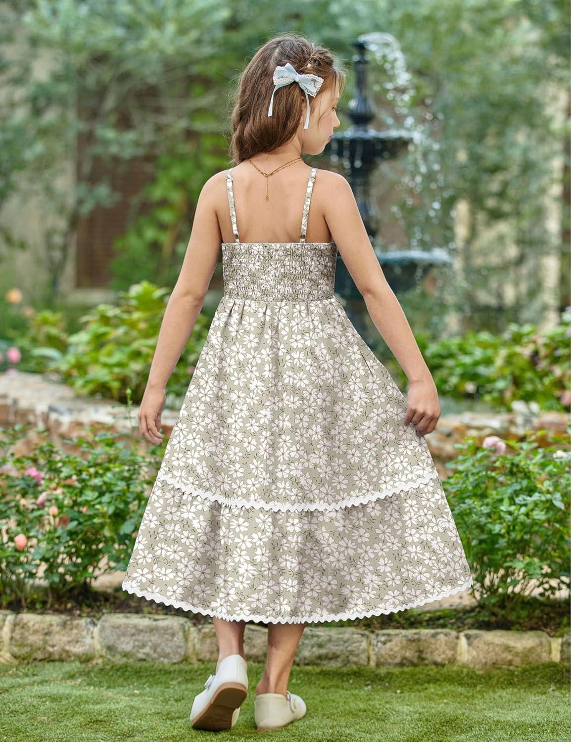 image:imageArshiner Girls Summer Spaghetti Strap Dresses Flowy Tiered Cami Maxi Sundress with PocketsFloral Green