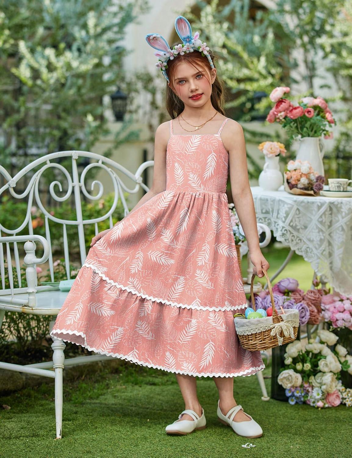 image:imageArshiner Girls Summer Spaghetti Strap Dresses Flowy Tiered Cami Maxi Sundress with PocketsFloral Pink