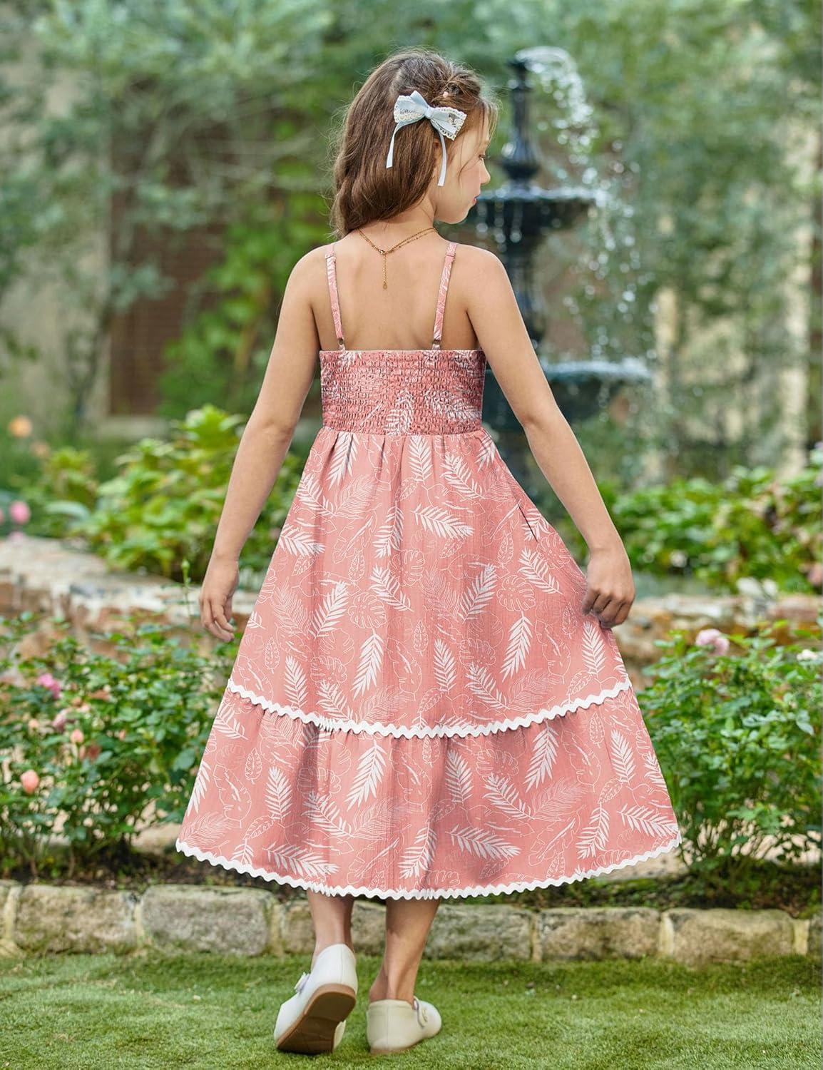 image:imageArshiner Girls Summer Spaghetti Strap Dresses Flowy Tiered Cami Maxi Sundress with PocketsFloral Pink