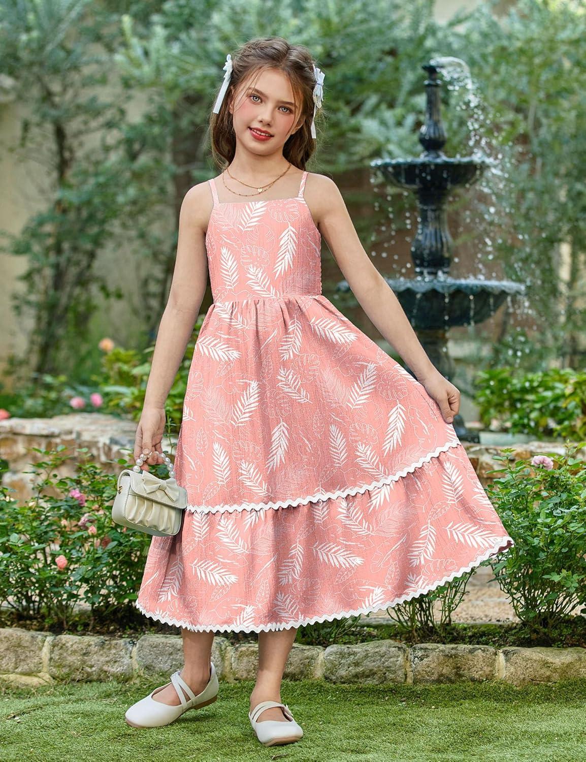 image:imageArshiner Girls Summer Spaghetti Strap Dresses Flowy Tiered Cami Maxi Sundress with PocketsFloral Pink