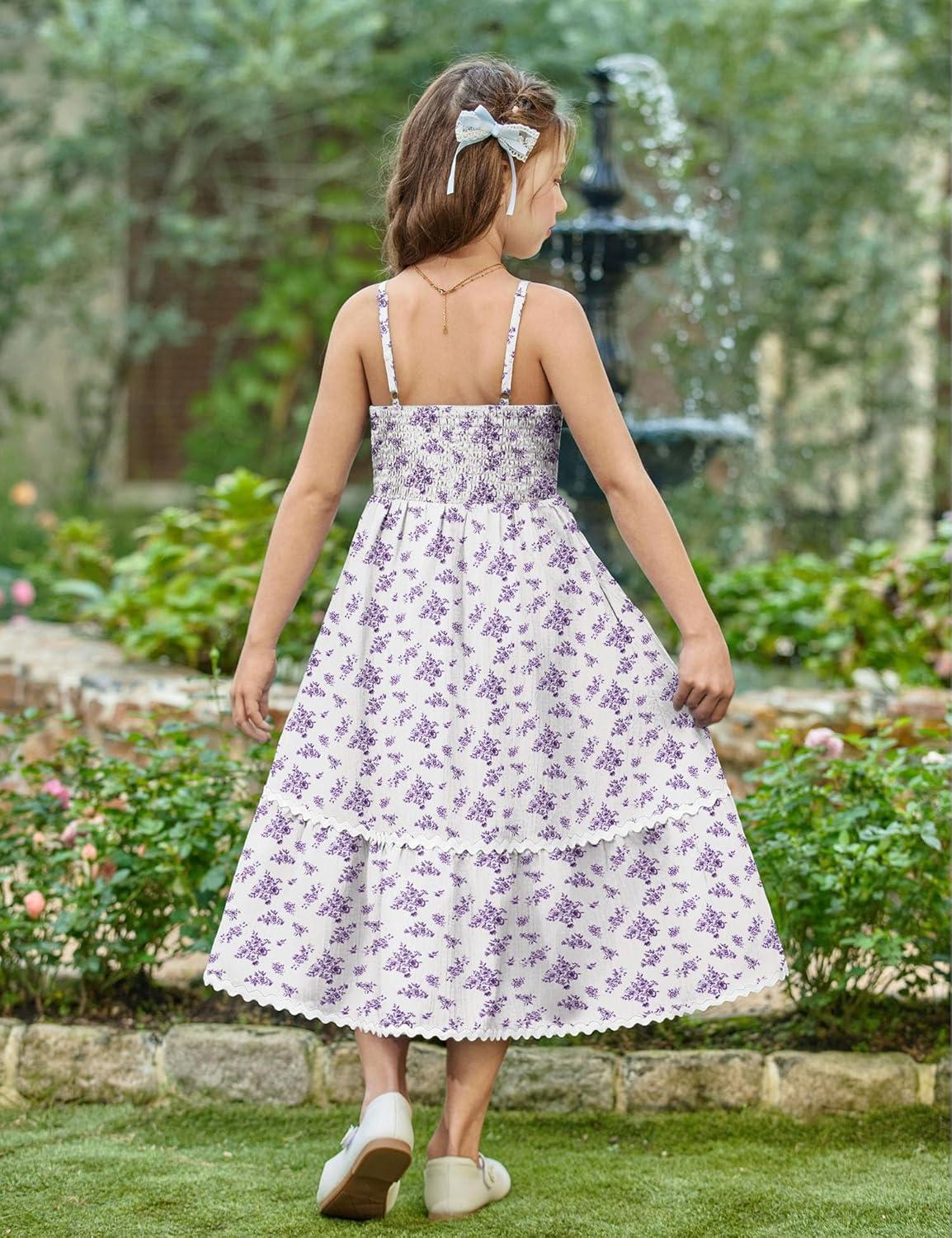 image:imageArshiner Girls Summer Spaghetti Strap Dresses Flowy Tiered Cami Maxi Sundress with PocketsFloral Purple