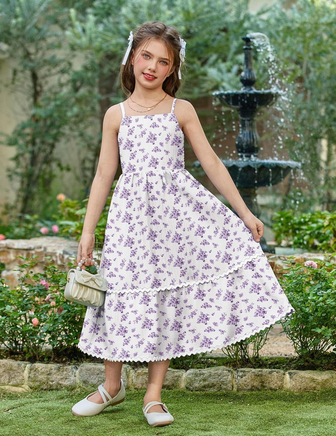 image:imageArshiner Girls Summer Spaghetti Strap Dresses Flowy Tiered Cami Maxi Sundress with PocketsFloral Purple