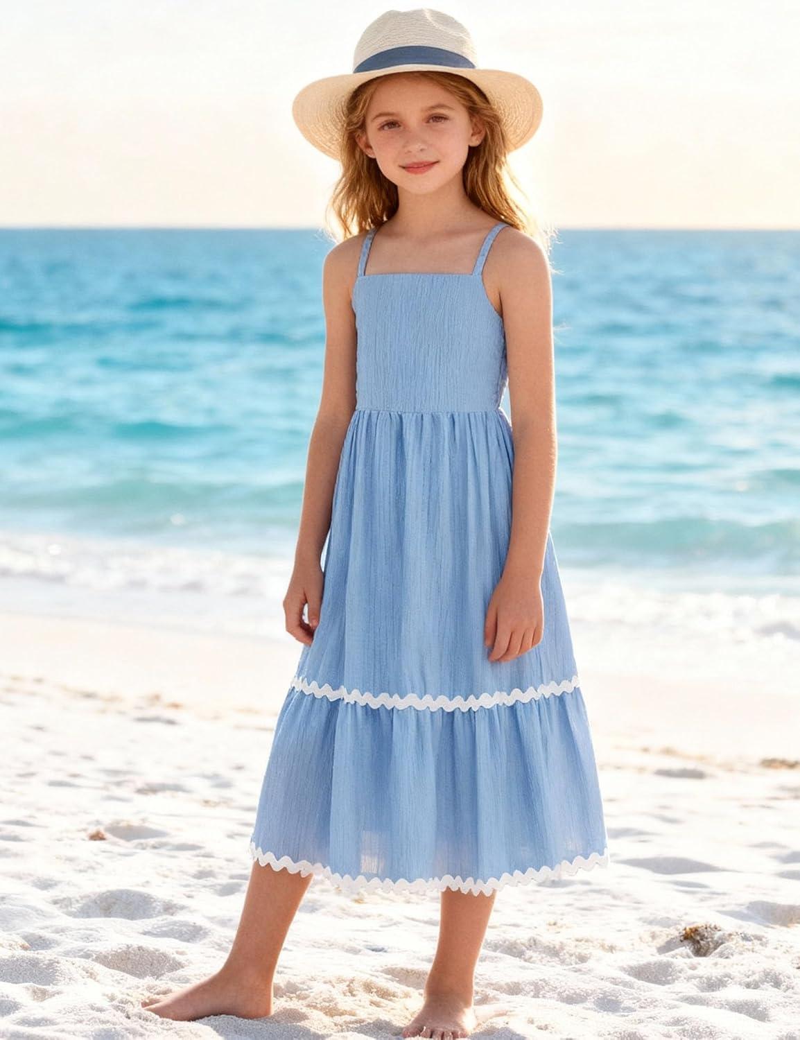 image:imageArshiner Girls Summer Spaghetti Strap Dresses Flowy Tiered Cami Maxi Sundress with PocketsLight Blue