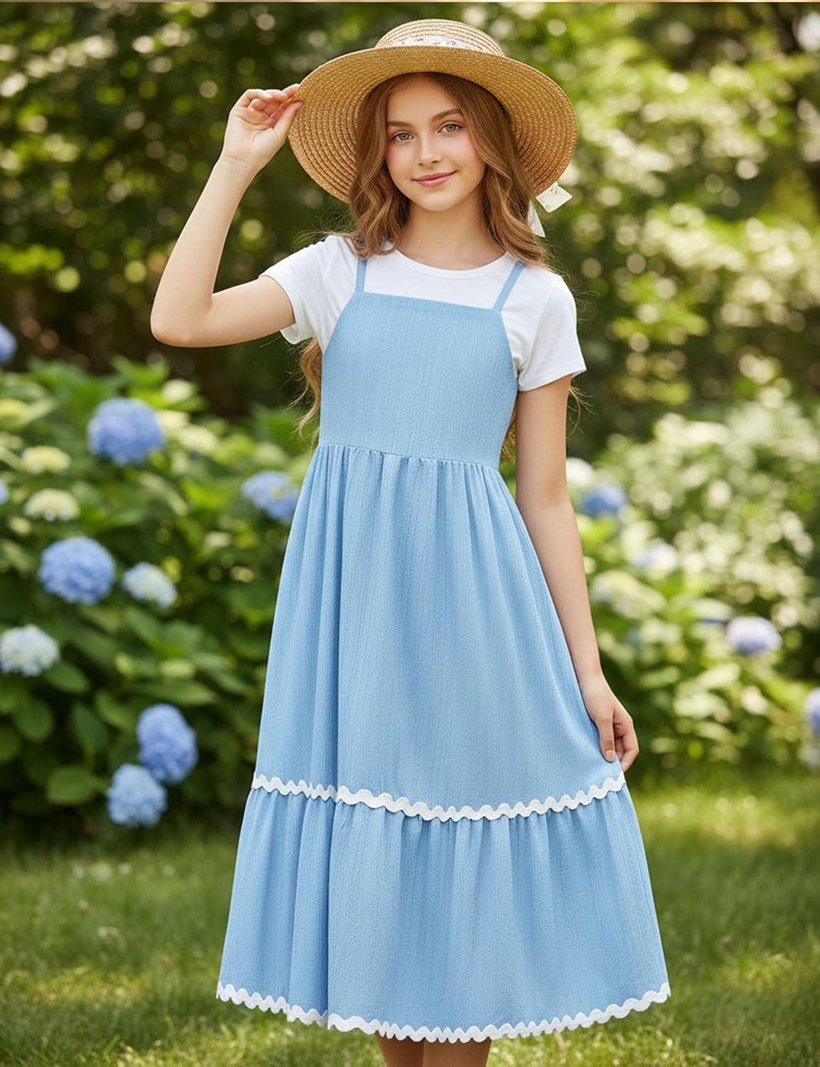 image:imageArshiner Girls Summer Spaghetti Strap Dresses Flowy Tiered Cami Maxi Sundress with PocketsLight Blue