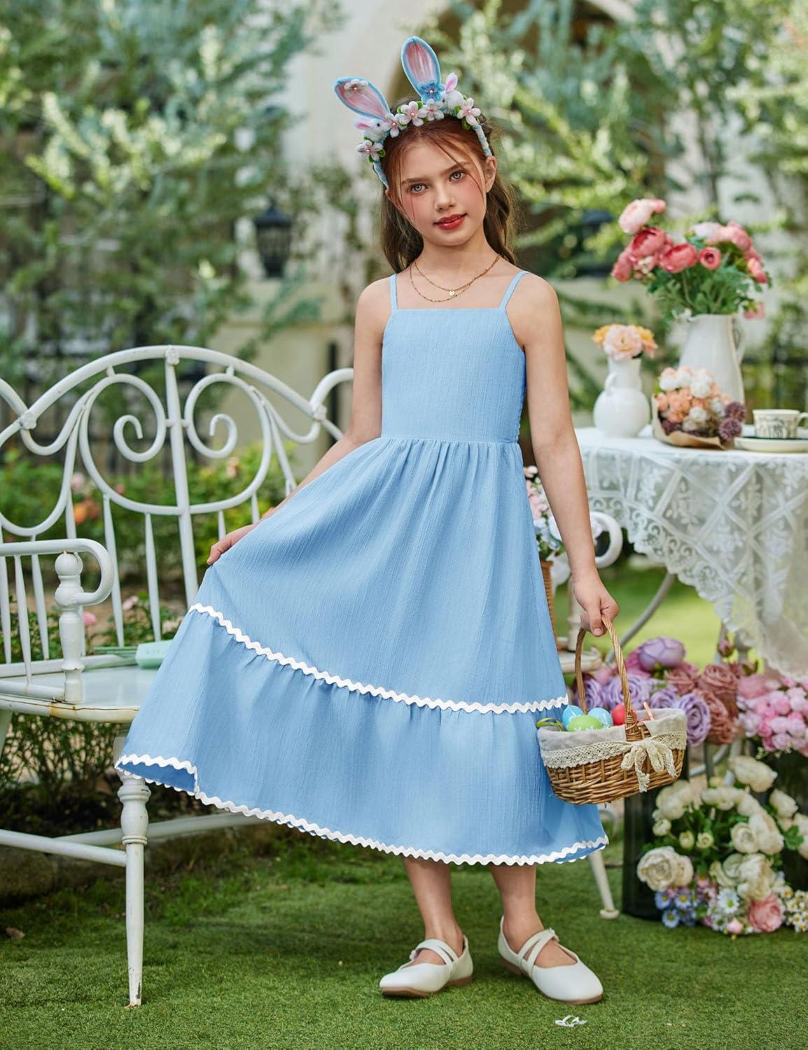 image:imageArshiner Girls Summer Spaghetti Strap Dresses Flowy Tiered Cami Maxi Sundress with PocketsLight Blue
