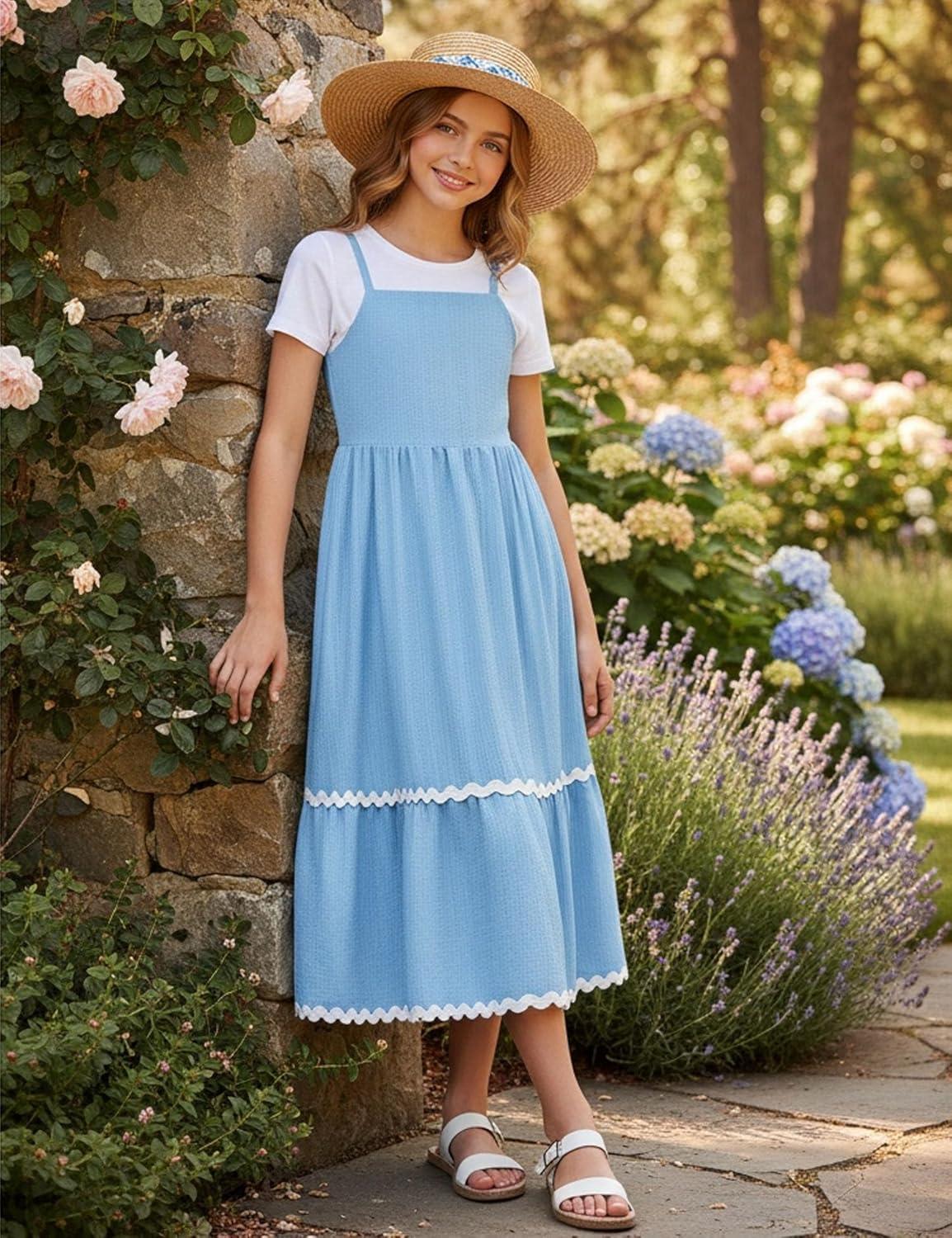 image:imageArshiner Girls Summer Spaghetti Strap Dresses Flowy Tiered Cami Maxi Sundress with PocketsLight Blue