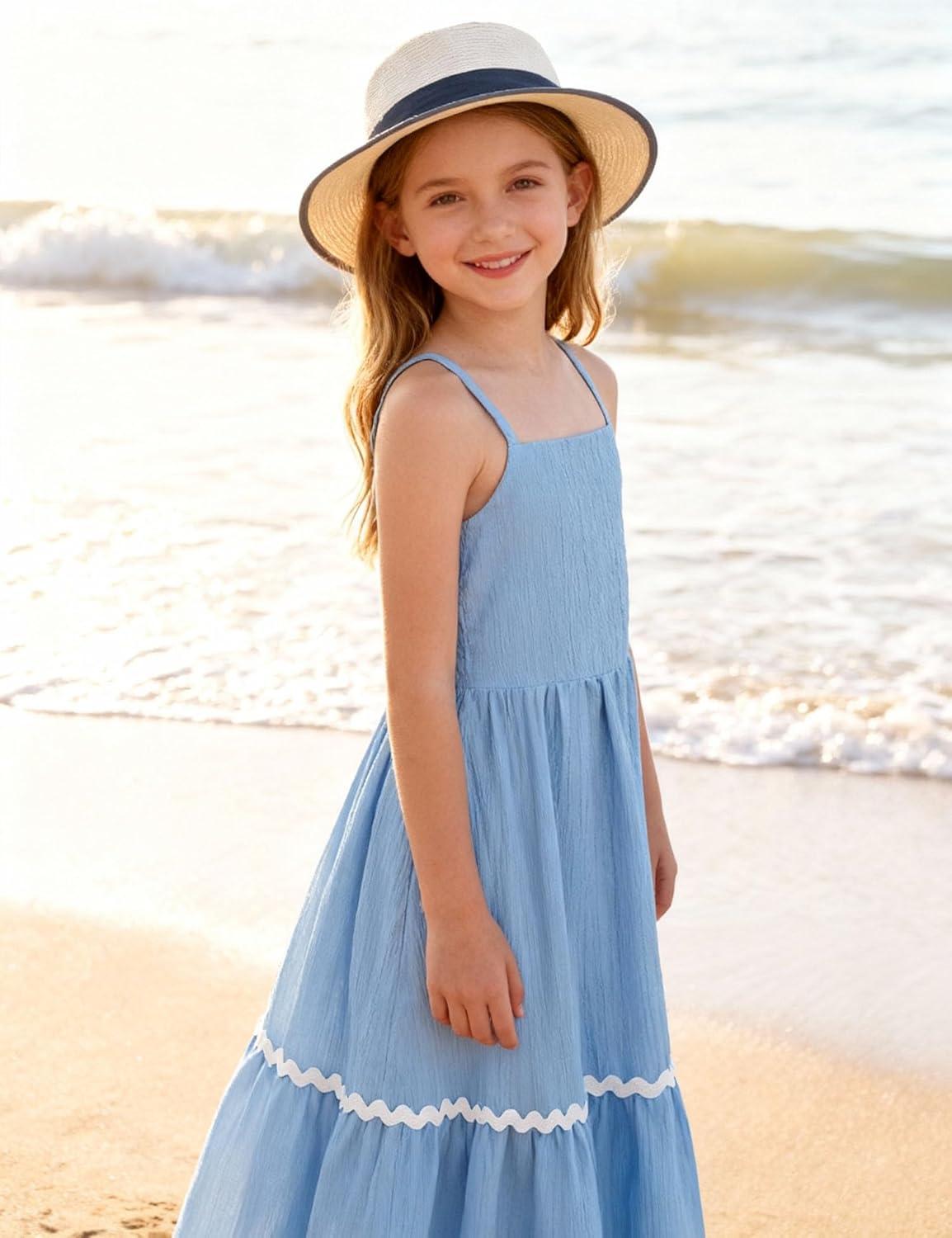 image:imageArshiner Girls Summer Spaghetti Strap Dresses Flowy Tiered Cami Maxi Sundress with PocketsLight Blue