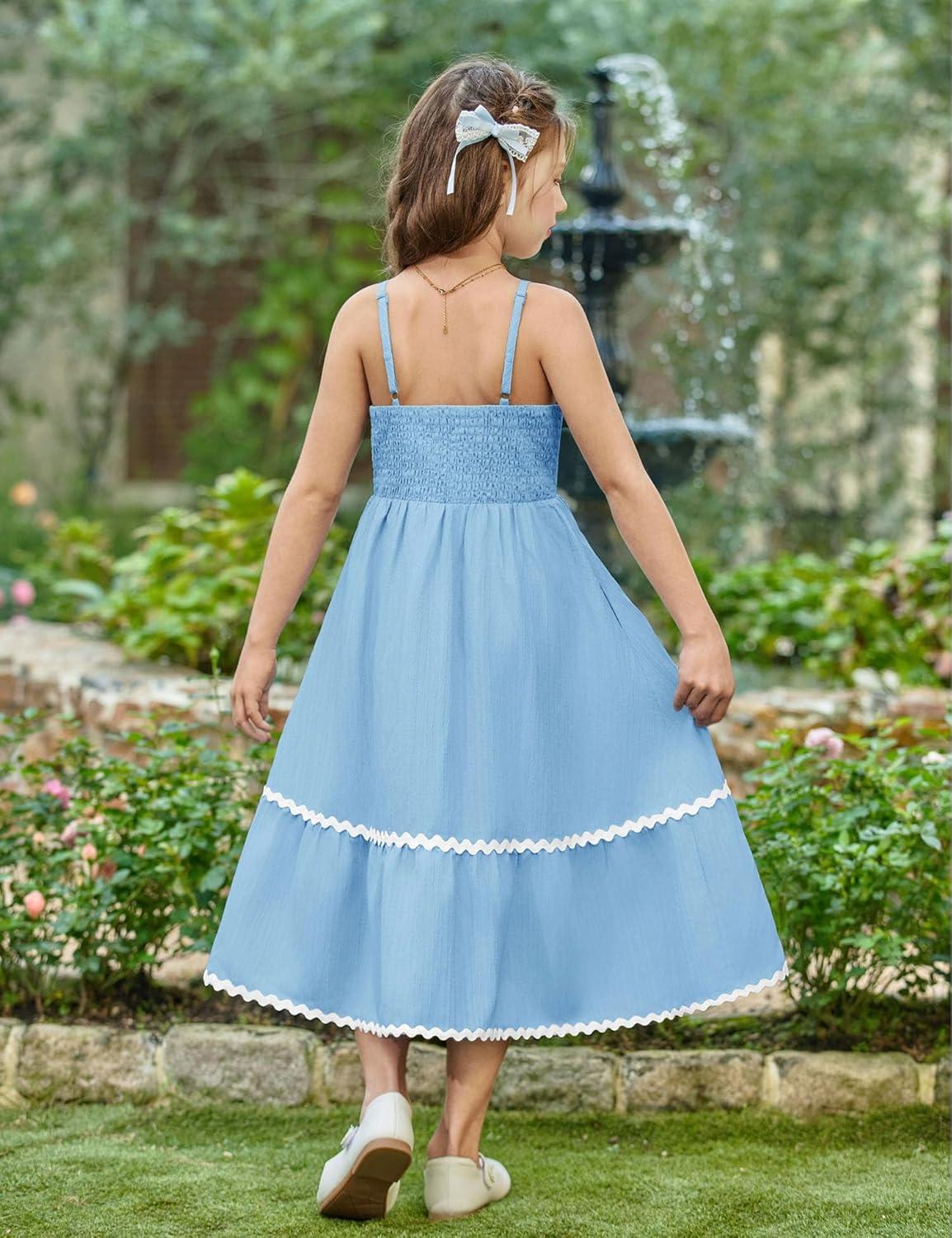 image:imageArshiner Girls Summer Spaghetti Strap Dresses Flowy Tiered Cami Maxi Sundress with PocketsLight Blue