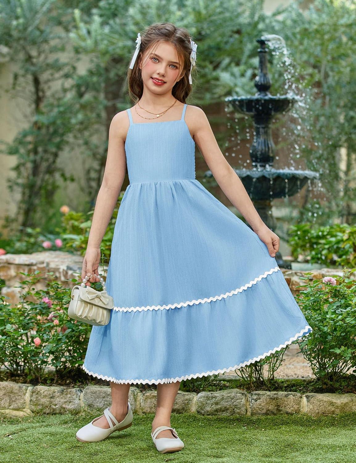 image:imageArshiner Girls Summer Spaghetti Strap Dresses Flowy Tiered Cami Maxi Sundress with PocketsLight Blue