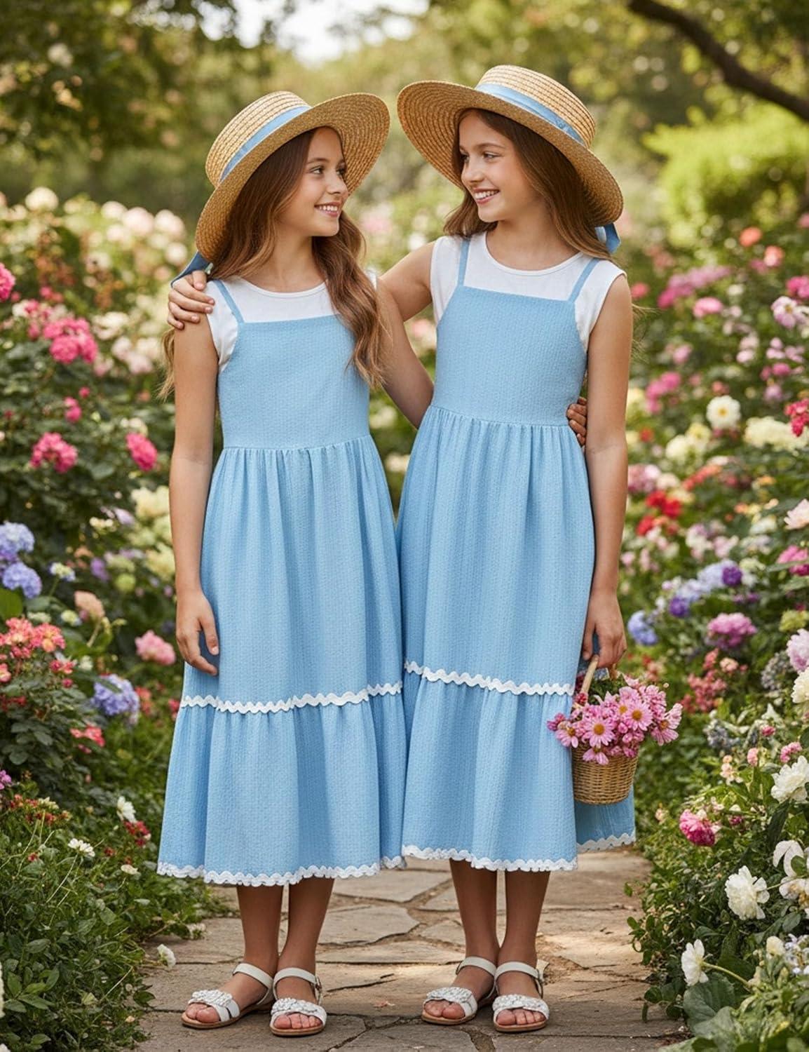image:imageArshiner Girls Summer Spaghetti Strap Dresses Flowy Tiered Cami Maxi Sundress with PocketsLight Blue